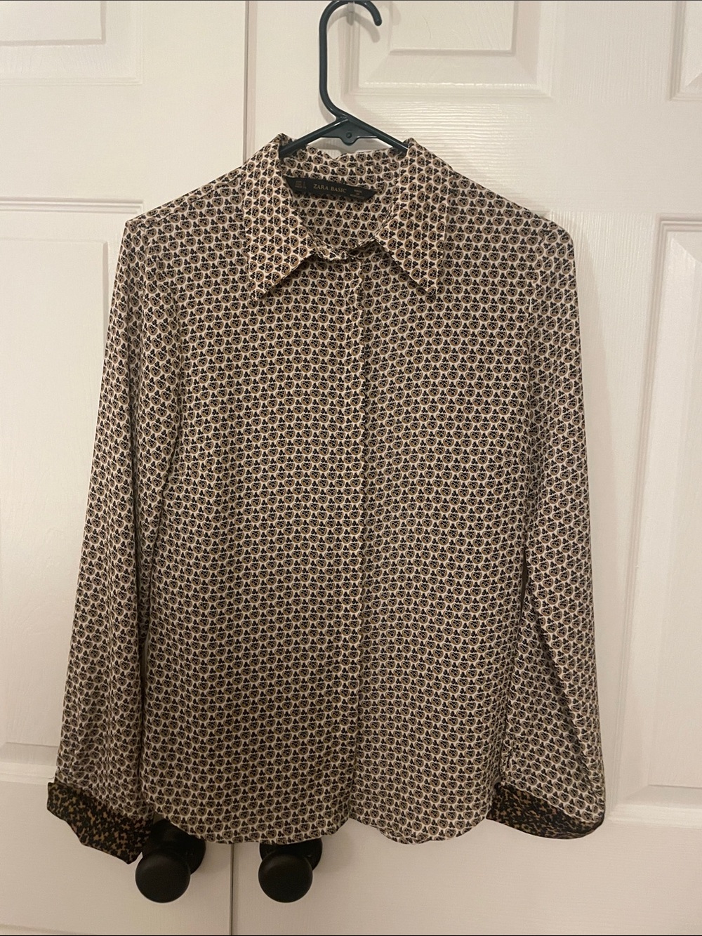 ZARA Beige and Brown Geometric Print Button-Up Blouse
